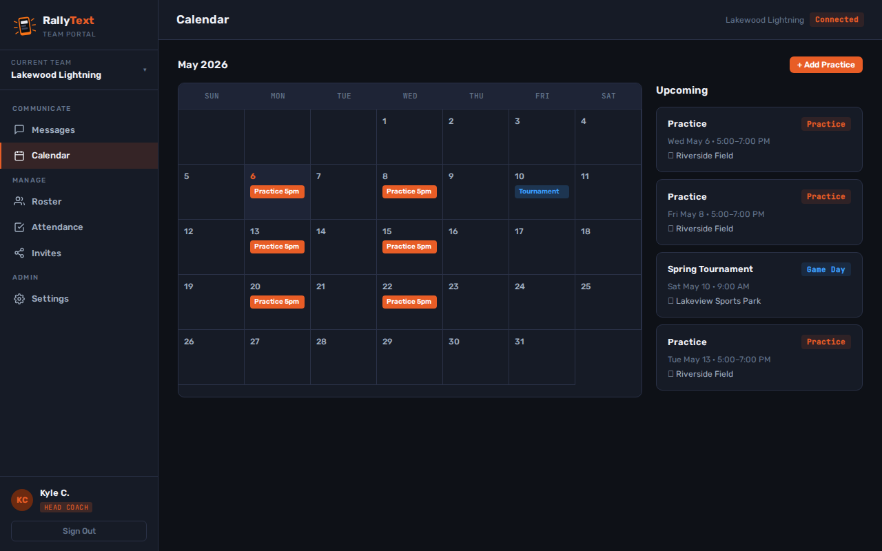 RallyText calendar dashboard for practices and automatic reminder texts